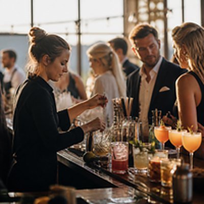 Bartender making cocktails and mocktails at an event bar