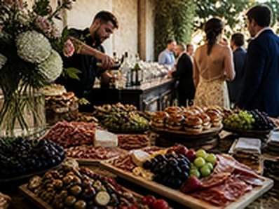 Catered grazing table and bartender serving drinks at a DC event venue