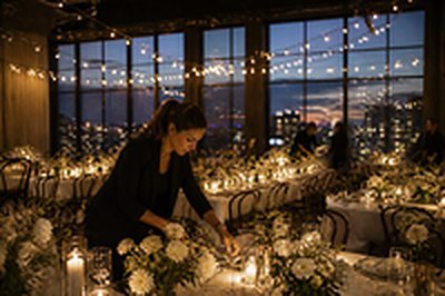 Event venue with banquet tables, candles and city views at dusk
