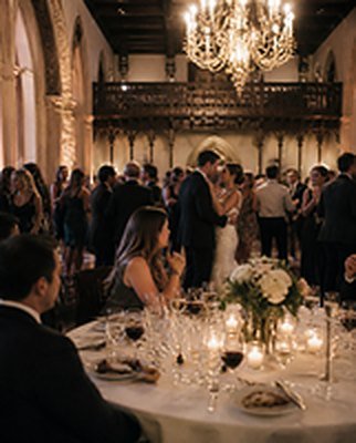 Wedding reception in a historic event venue with chandeliers and candlelit tables